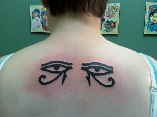 Beautiful Black Ink Horus Eye Tattoos On Back